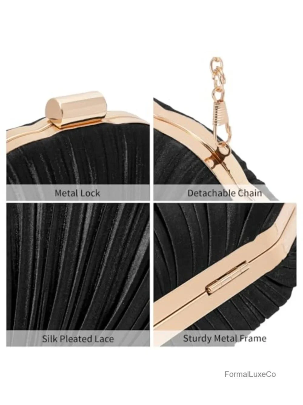 Pleated Satin Seashell Evening Clutch Purse with Chain - Wedding Formal Handbag